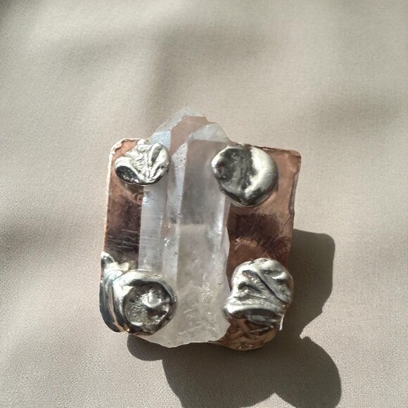 Raw Crystal Statement Ring Upcycled From Copper Baking Dish & Silver Spoon 7.75 - Picture 1 of 13